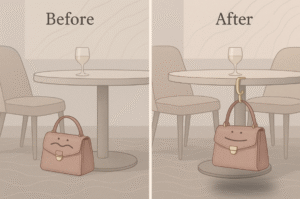 A before picture with a sad bag on the floor and an after picture with a happy bag hanging on a table